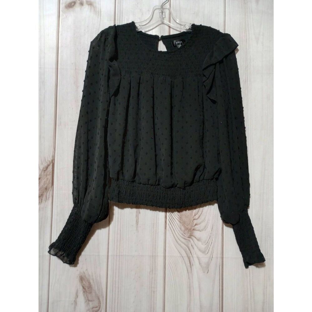 Aqua Smocked Ruffle Shirt Ladies Small Black Long Sleeve